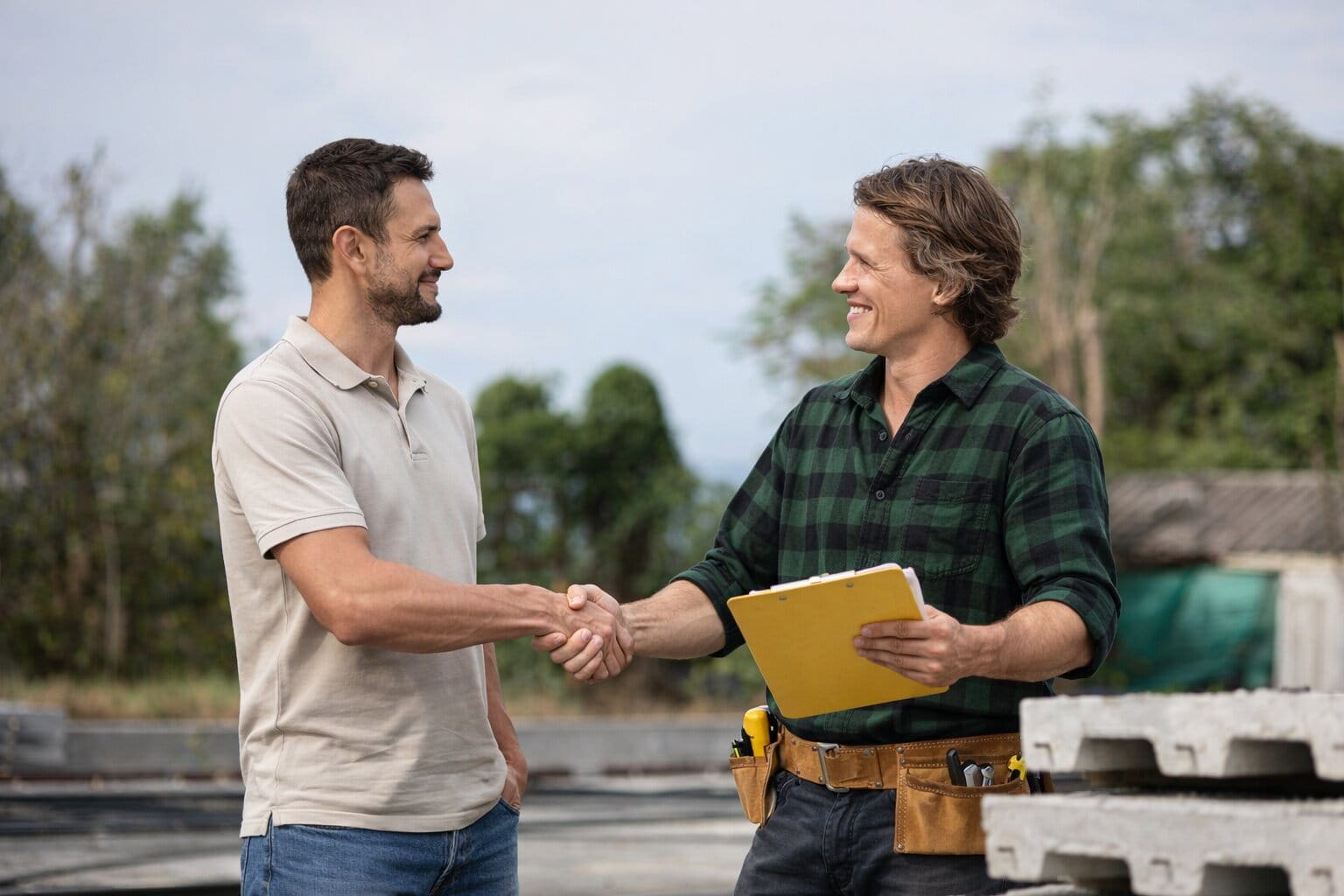 builder and homeowner shaking hands with contract on clipboard