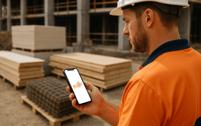 builder on a construction site holding a phone with the mutu app open