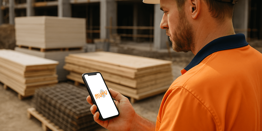 builder on a construction site holding a phone with the mutu app open