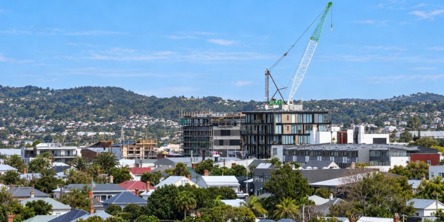 new zealand neighborhood with crane and hills