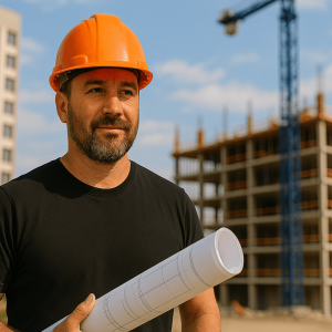 builder in a orange hard hat smiling as he is holding construction drawings at a building site in western australia