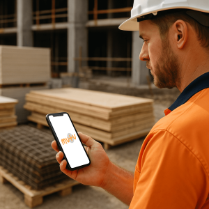 builder on a construction site holding a phone with the mutu app open