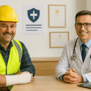 a builder with an injured arm and his doctor sitting at a desk smiling toward the camera