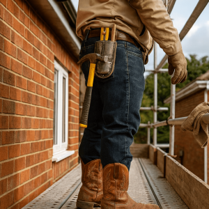 builder on scaffolding on a building site wearing cowboy boots that suggest he's a cowboy builder