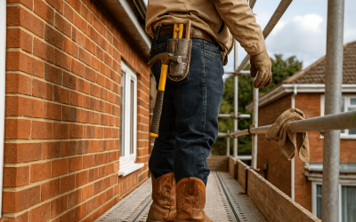 builder on scaffolding on a building site wearing cowboy boots that suggest he's a cowboy builder