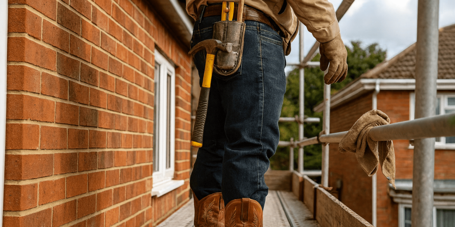 builder on scaffolding on a building site wearing cowboy boots that suggest he's a cowboy builder